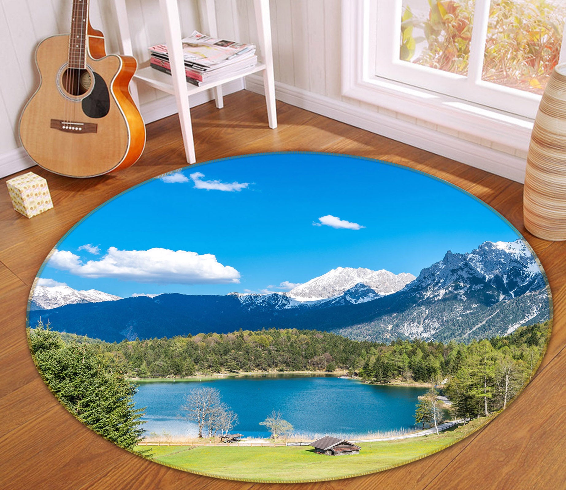 3D Snow Mountain Lake Sky 71192 Round Non Slip Rug Mat