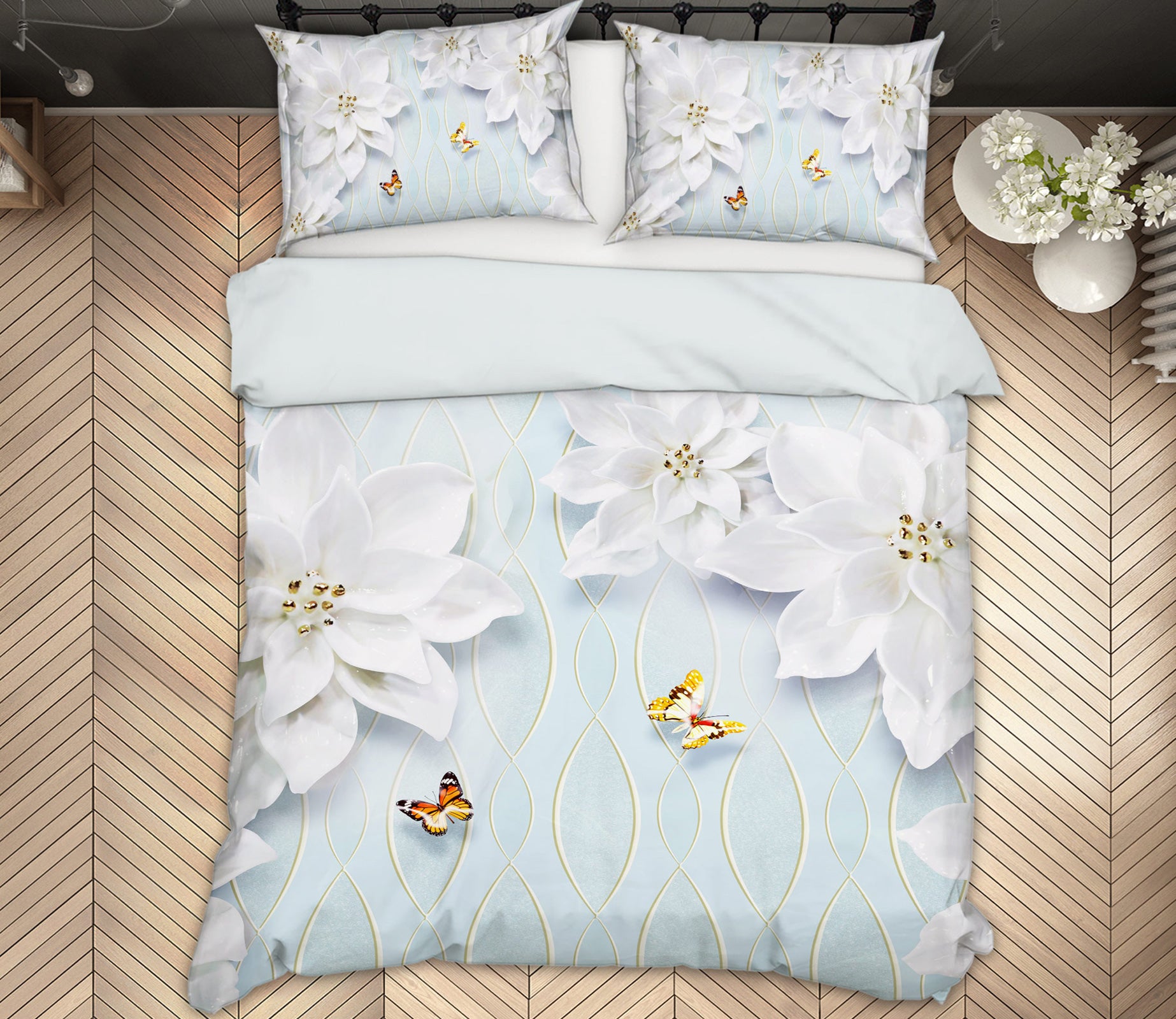 3D White Flowers Butterfly 13058 Bed Pillowcases Quilt