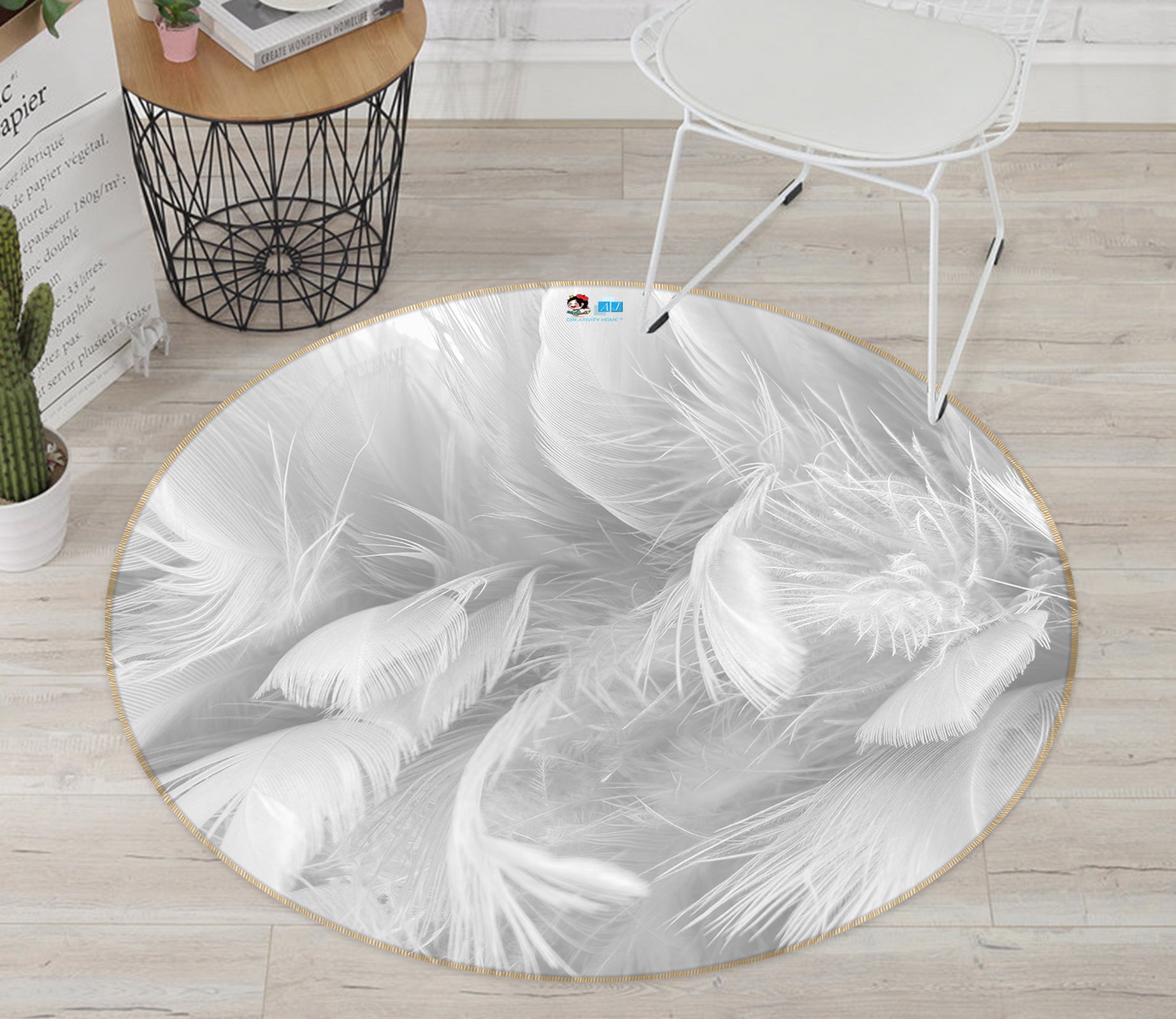 3D White Feather 81222 Round Non Slip Rug Mat