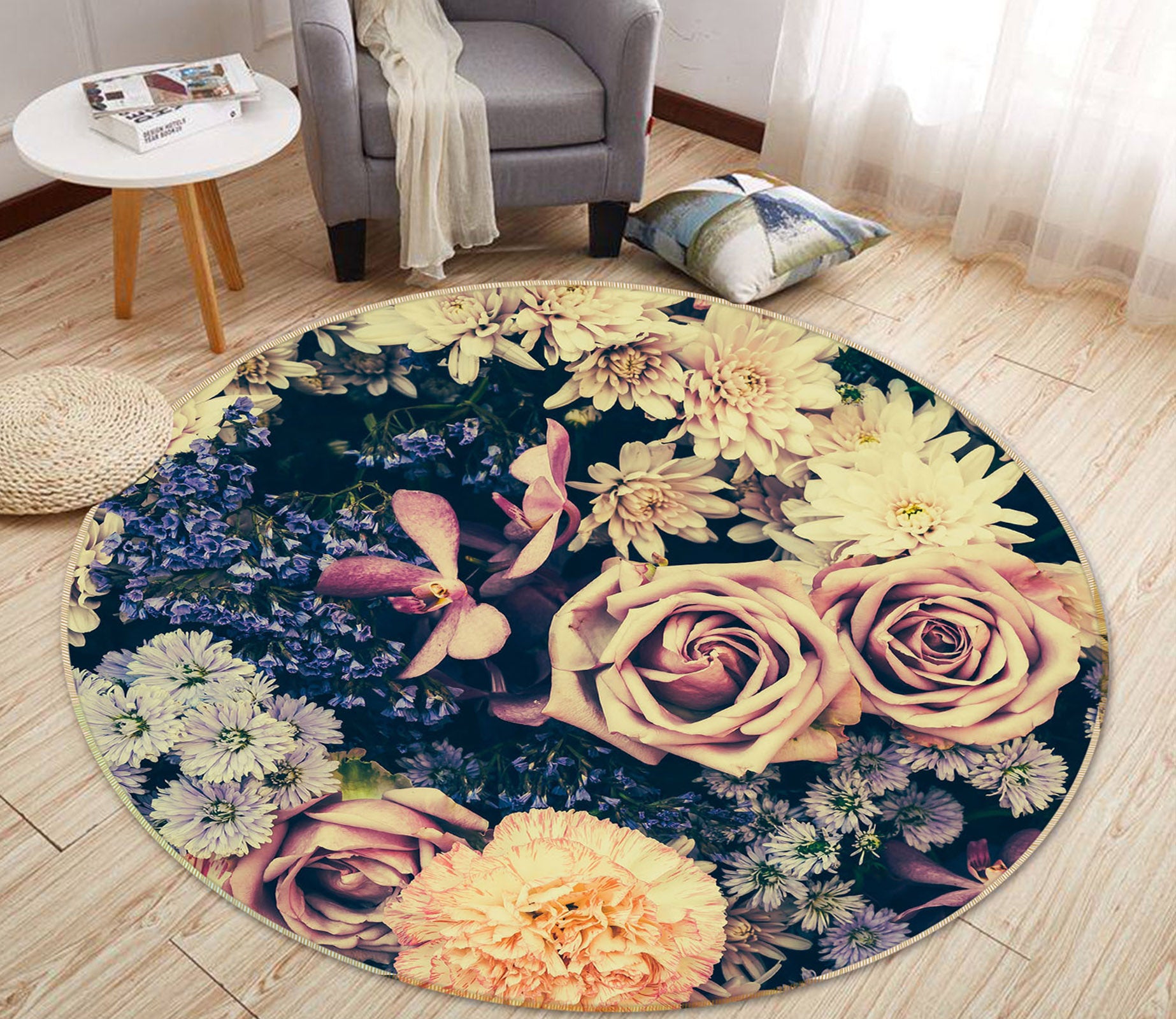 3D Flowers 29097 Round Non Slip Rug Mat