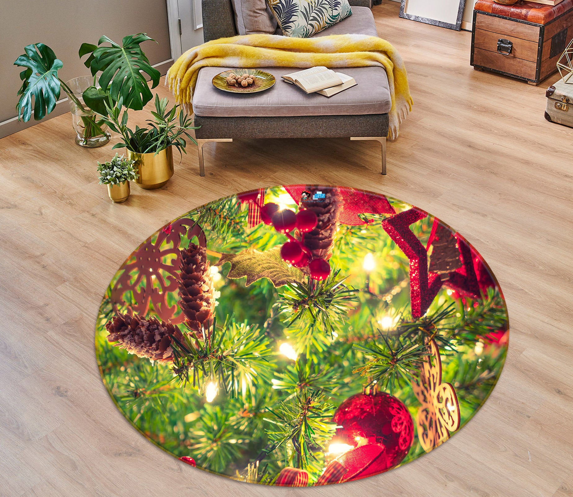 3D Branches Pineta 54109 Christmas Round Non Slip Rug Mat Xmas