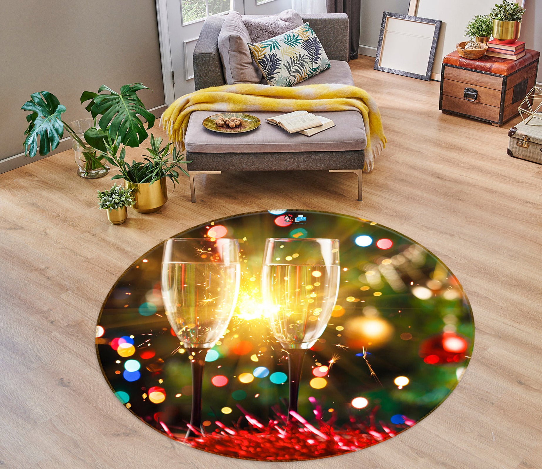 3D Wine Glass 54020 Christmas Round Non Slip Rug Mat Xmas