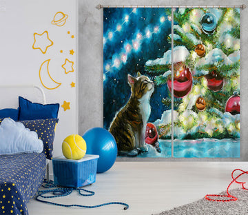 3D Cat Red Ball Tree 52076 Christmas Curtains Drapes Xmas