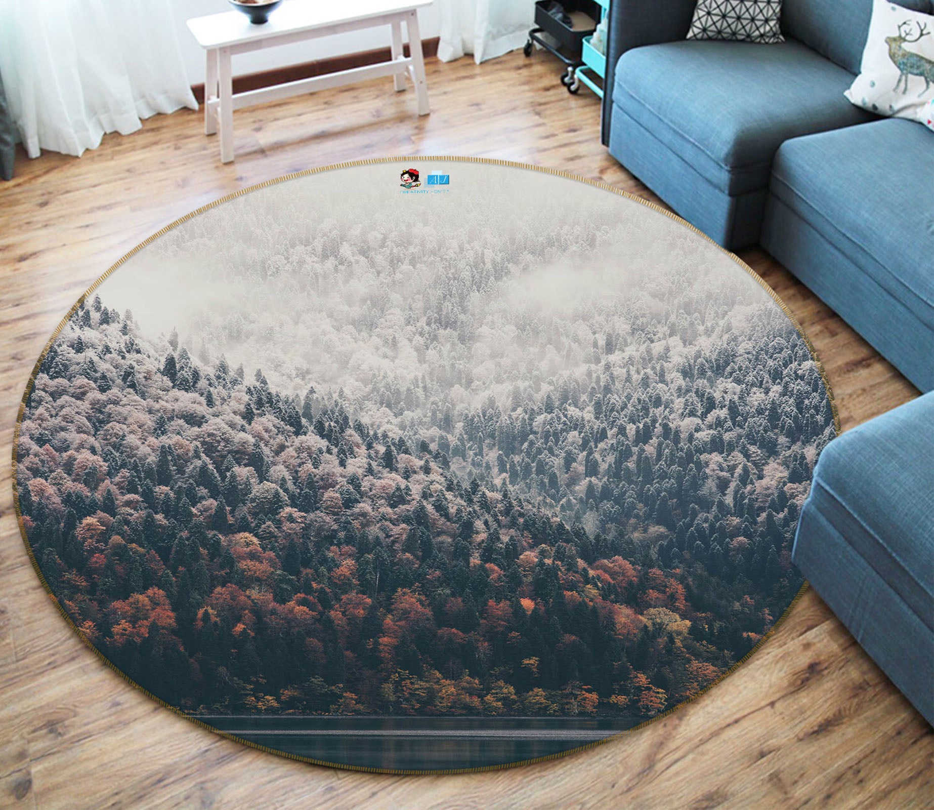 3D Mountain Trees 69221 Round Non Slip Rug Mat