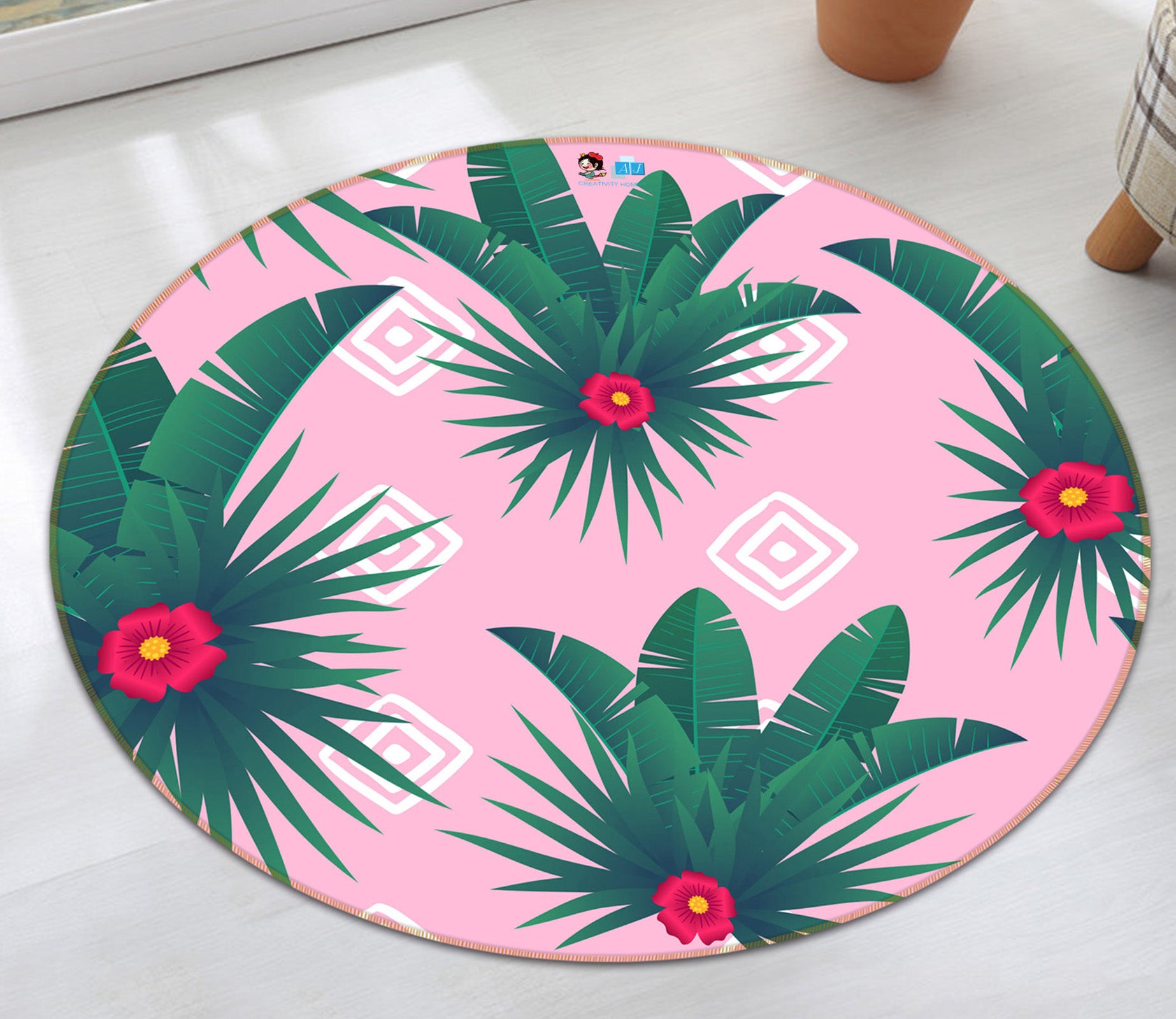 3D Leaf Pattern 71289 Round Non Slip Rug Mat