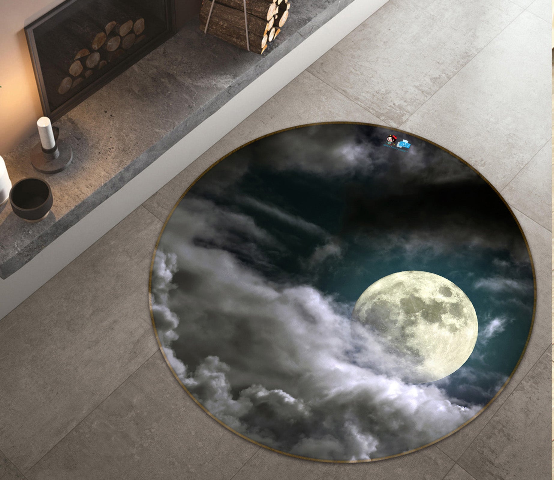 3D Clouds Moon 72066 Round Non Slip Rug Mat
