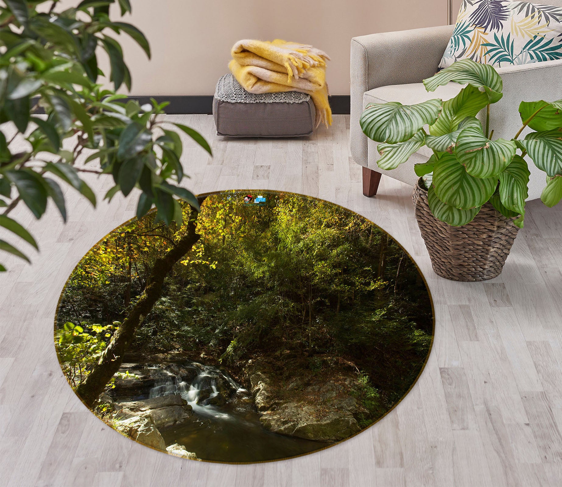 3D Trees Stream 11194 Kathy Barefield Rug Round Non Slip Rug Mat