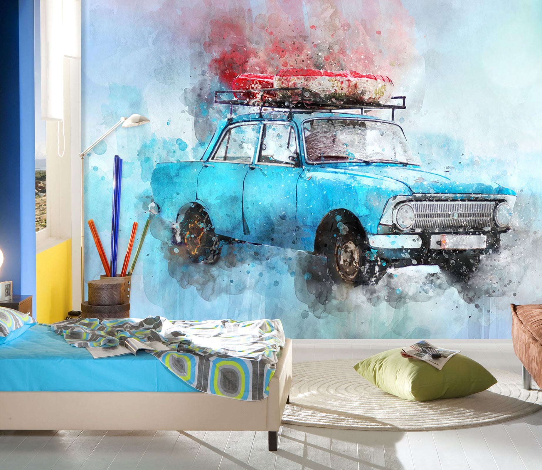 3D Blue Old Car 181 Vehicle Wall Murals