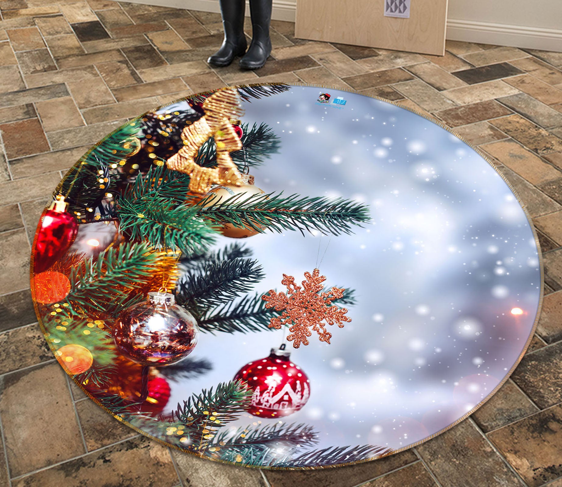3D Tree Pendant 54156 Christmas Round Non Slip Rug Mat Xmas