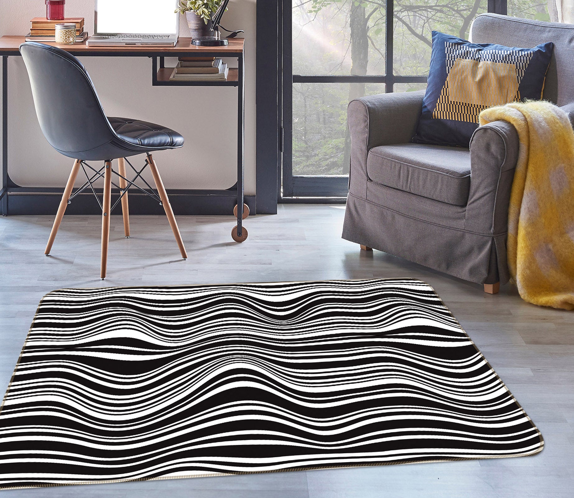 3D Black White Waves 35016 Non Slip Rug Mat