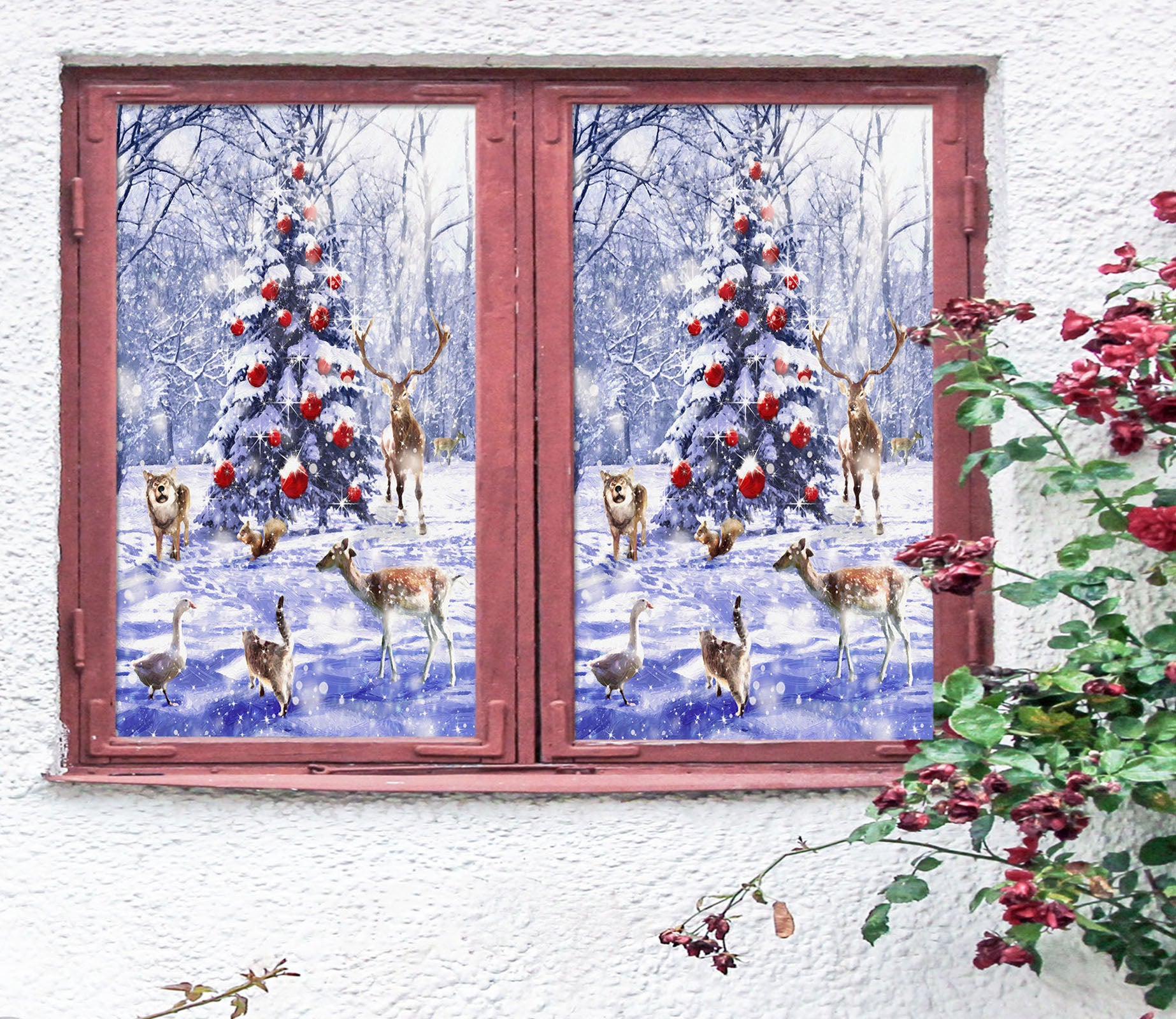 3D Snow Tree Deer 42184 Christmas Window Film Print Sticker Cling Stained Glass Xmas