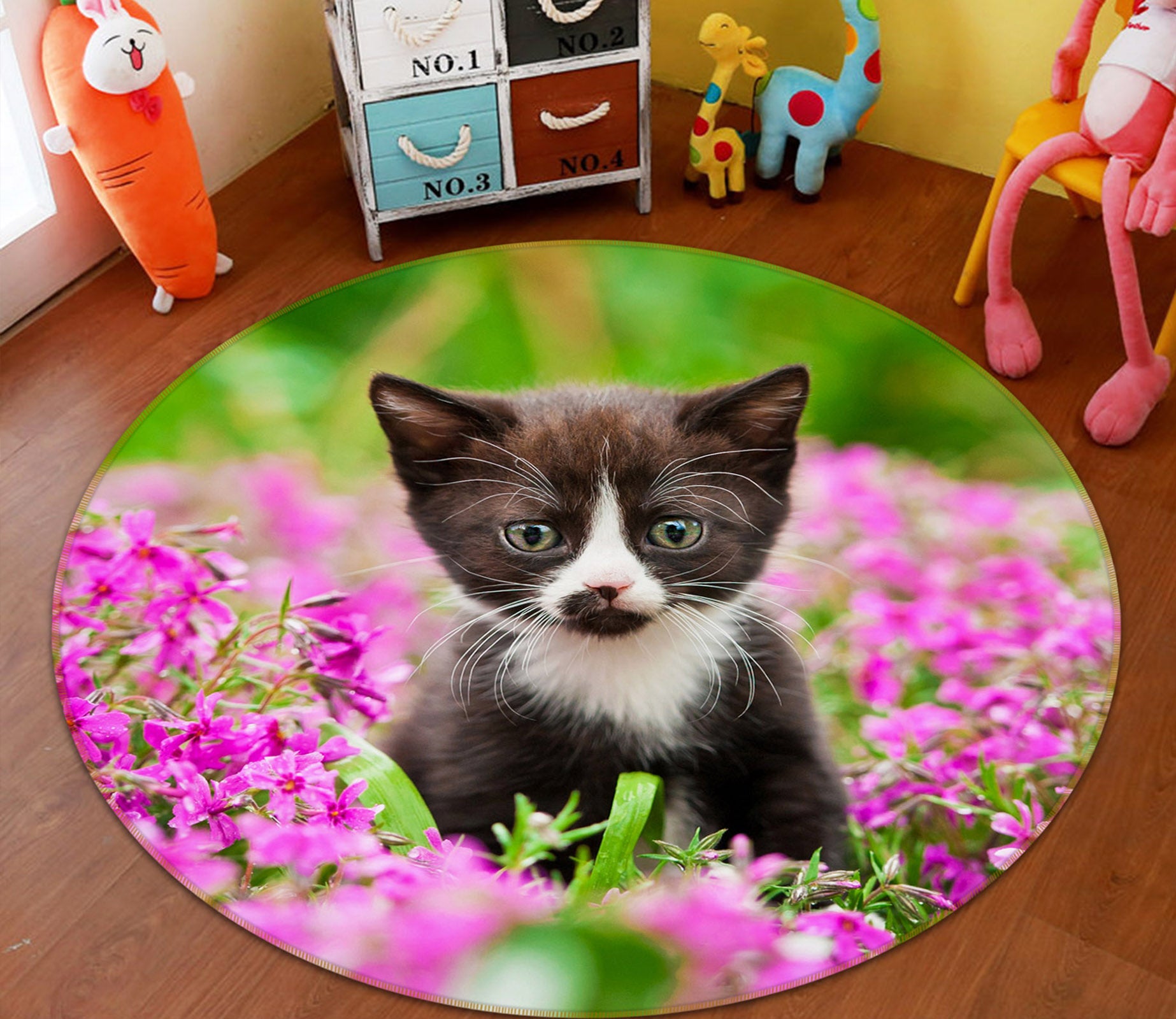 3D Flower Kitten 29040 Round Non Slip Rug Mat