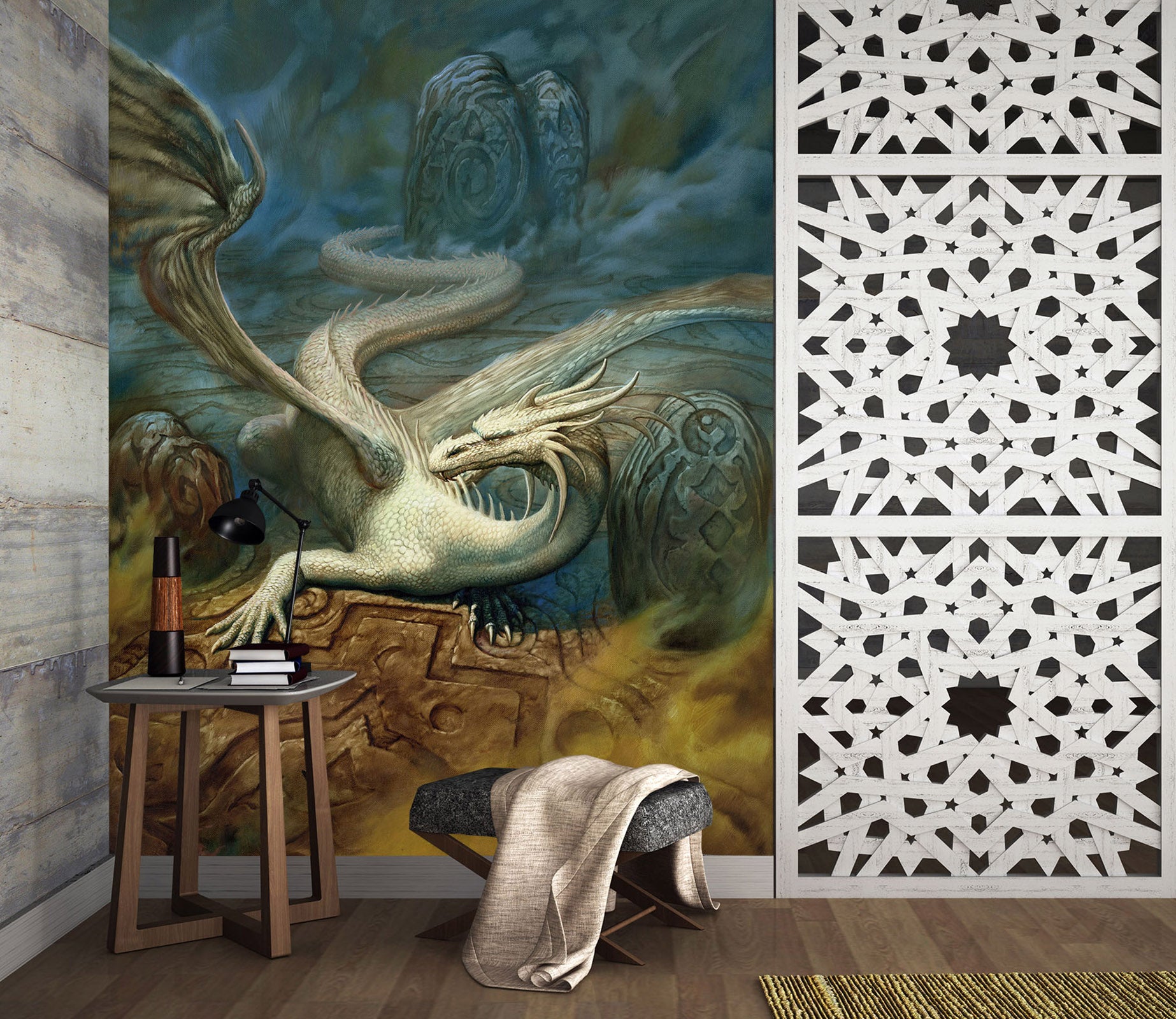 3D White Big Dragon 7137 Ciruelo Wall Mural Wall Murals