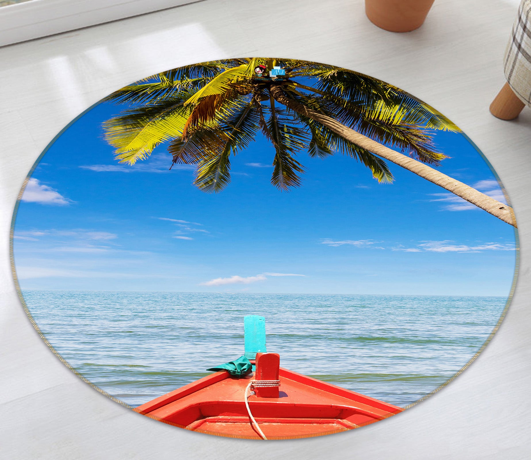3D Coconut Tree Boat Sea 74144 Round Non Slip Rug Mat