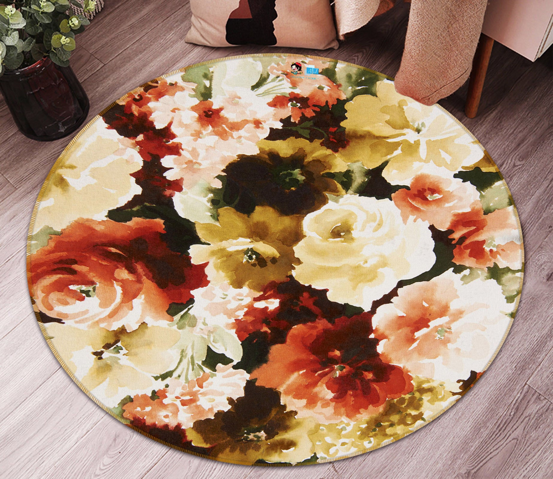 3D Flowers 69180 Round Non Slip Rug Mat