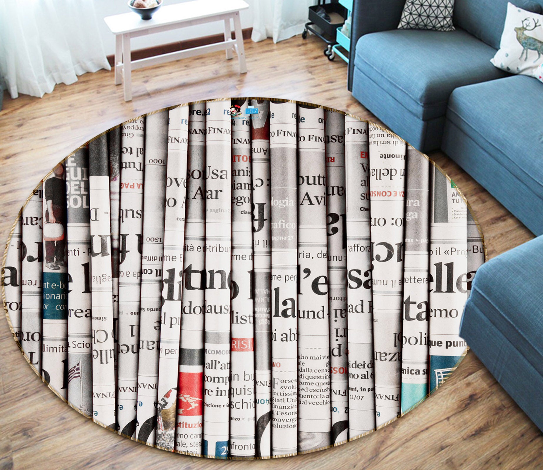 3D Newspaper Book 74008 Round Non Slip Rug Mat