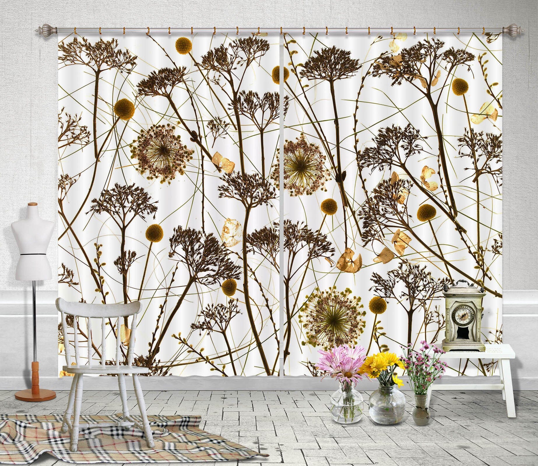 3D Withered Chrysanthemum 205 Assaf Frank Curtain Curtains Drapes Curtains AJ Creativity Home 