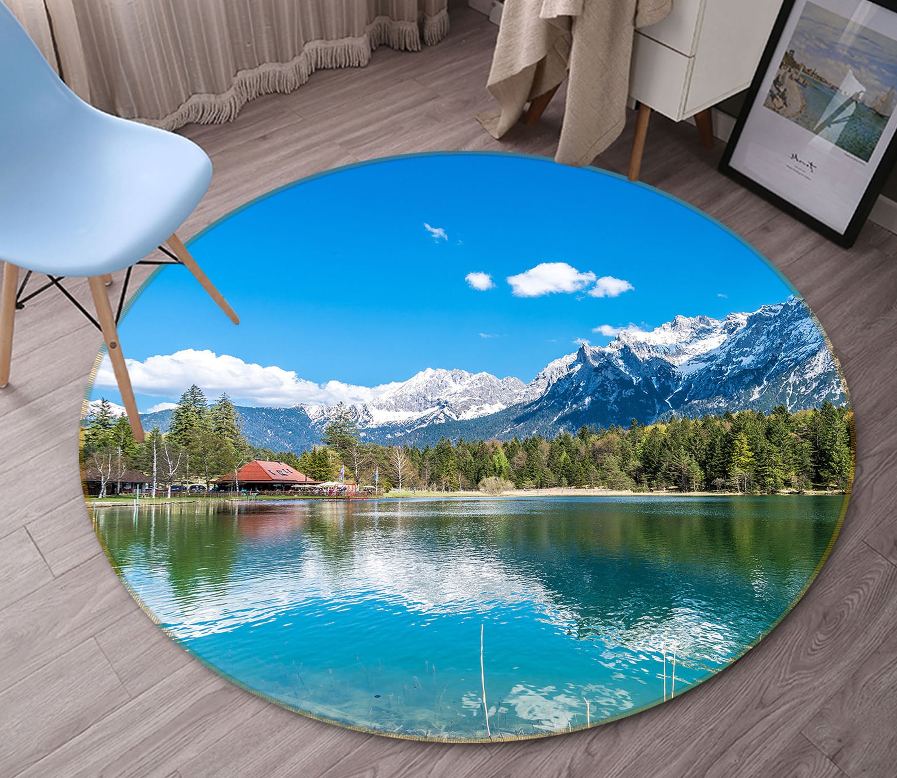 3D Snow Mountain Lake 71190 Round Non Slip Rug Mat