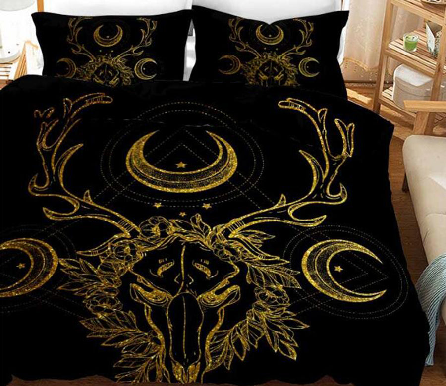 3D Golden Lines Deer Head Moon 11184 Bed Pillowcases Quilt