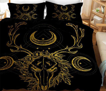 3D Golden Lines Deer Head Moon 11184 Bed Pillowcases Quilt
