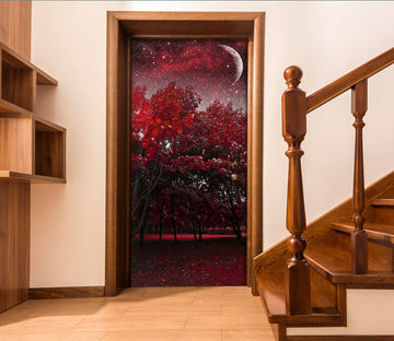 3D Red Forest Moon 030 Door Mural