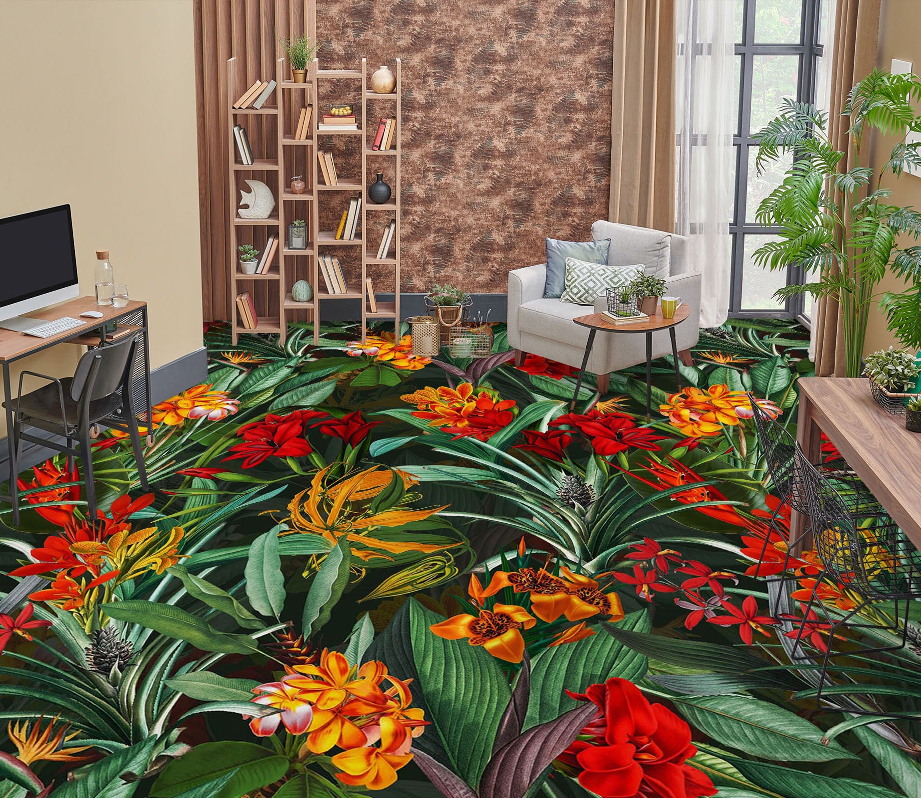 3D Red Flowers Leaves 99194 Uta Naumann Floor Mural