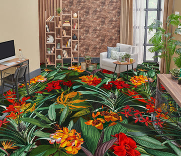 3D Red Flowers Leaves 99194 Uta Naumann Floor Mural