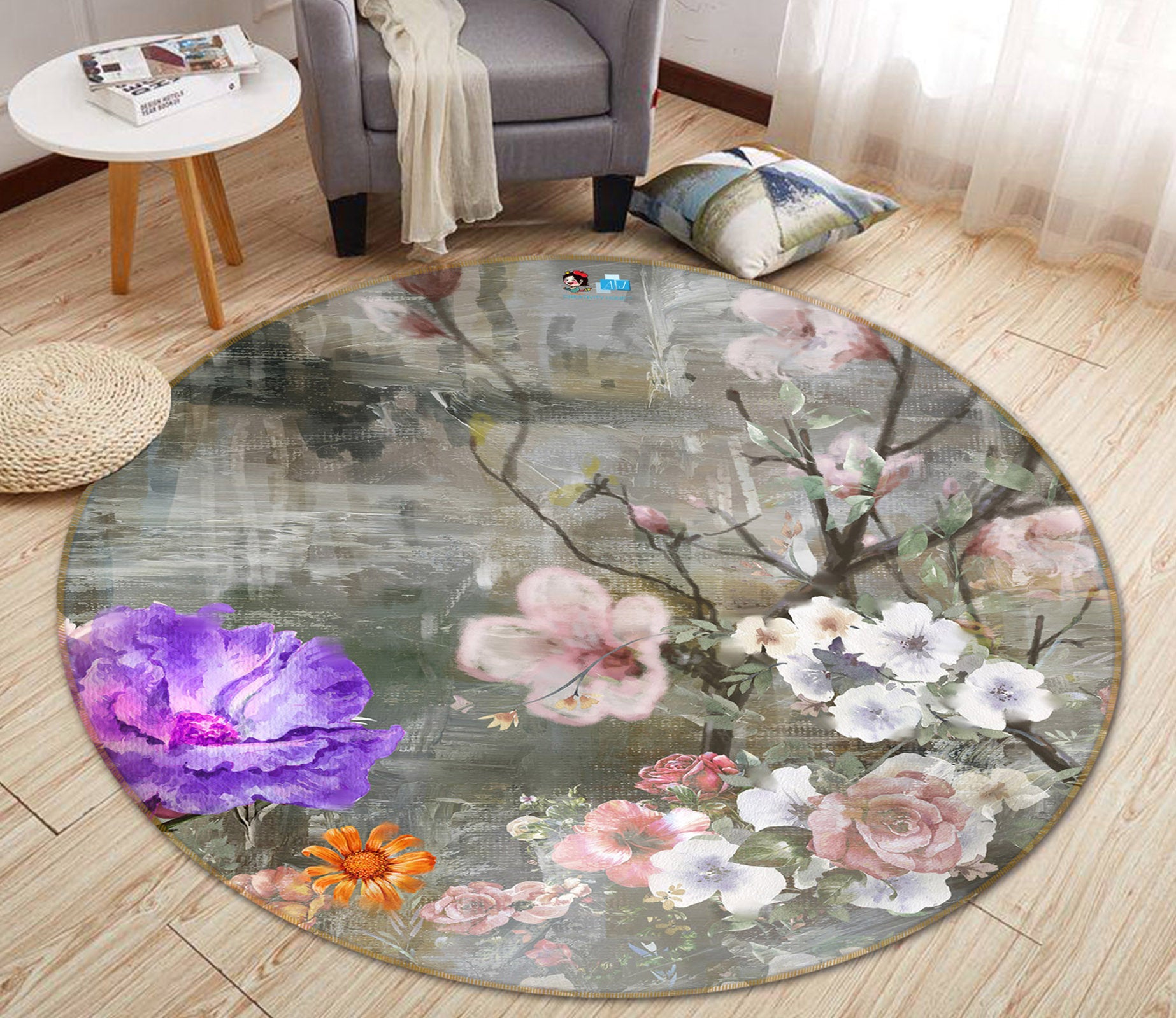 3D Flower Branch 71252 Round Non Slip Rug Mat