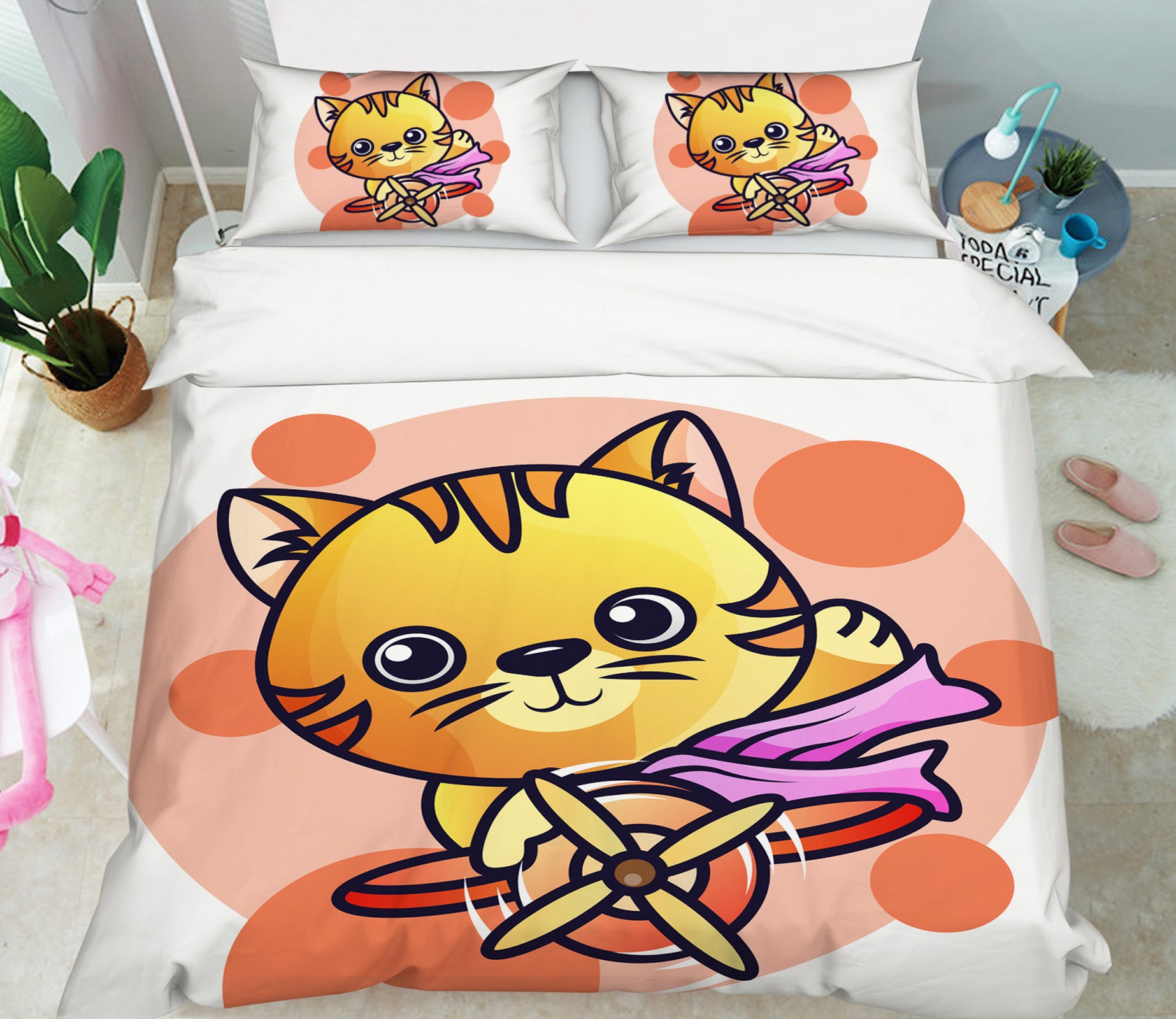 3D Yellow Cat Airplane 59021 Bed Pillowcases Quilt