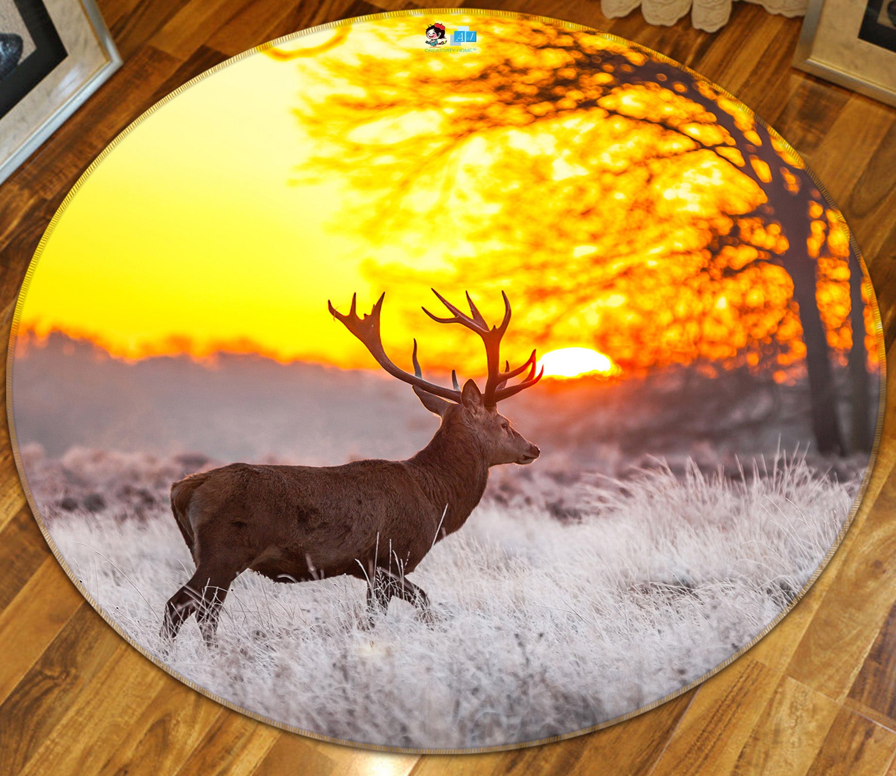 3D Dusk Deer 74133 Round Non Slip Rug Mat