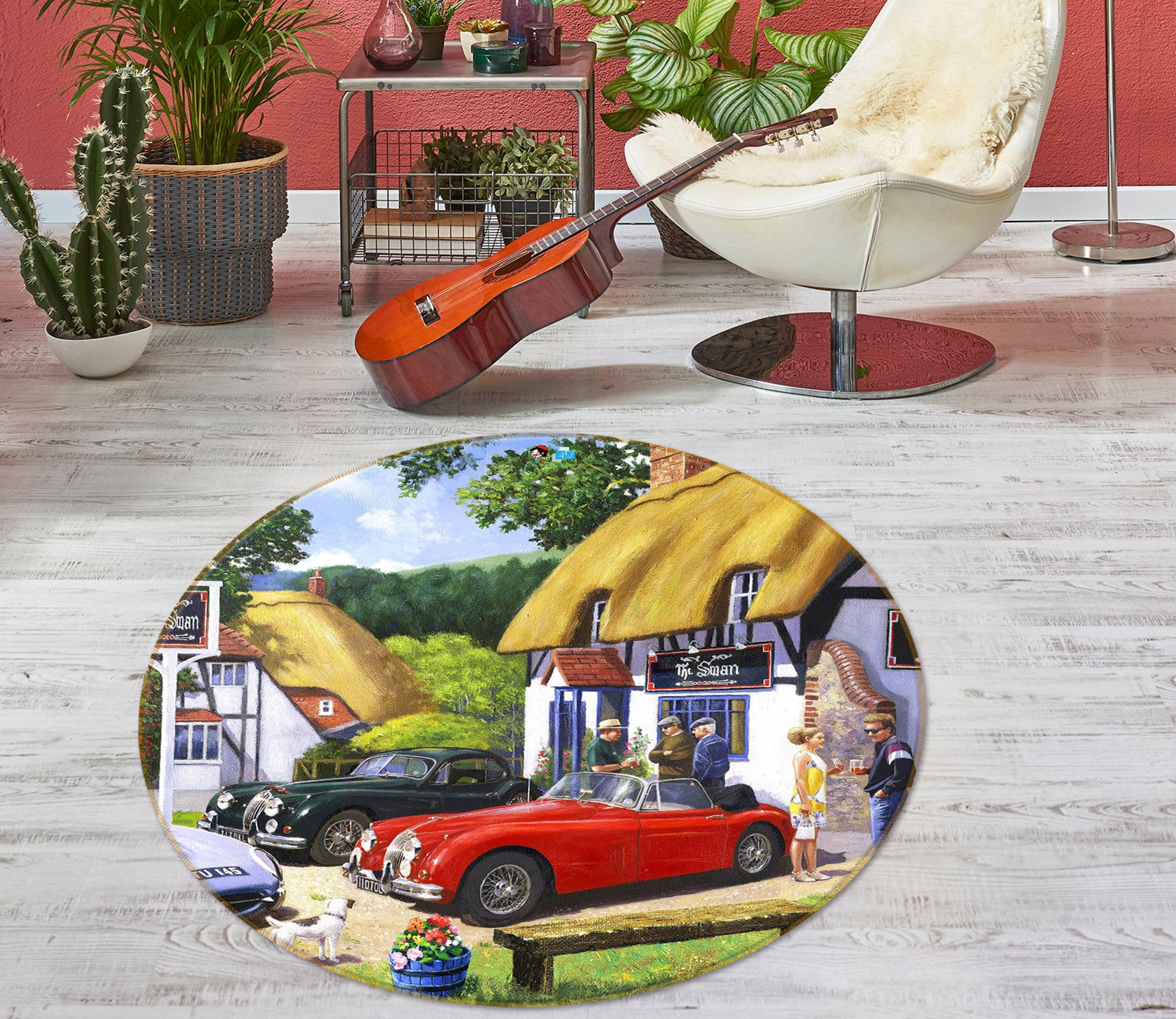 3D Red Car Dog 050 Kevin Walsh Rug Round Non Slip Rug Mat