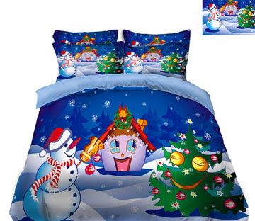3D Snowman Tree House 45069 Christmas Quilt Duvet Cover Xmas Bed Pillowcases