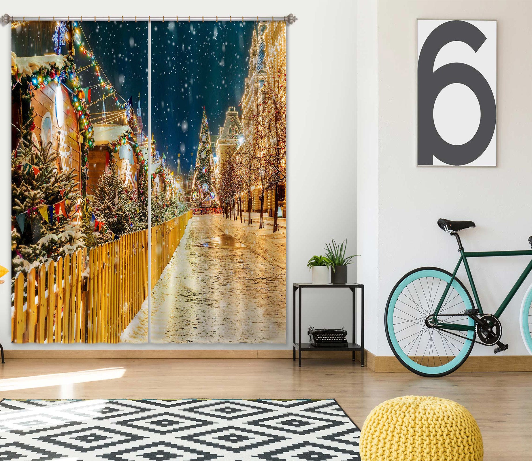 3D Street Tree Snowing 52055 Christmas Curtains Drapes Xmas