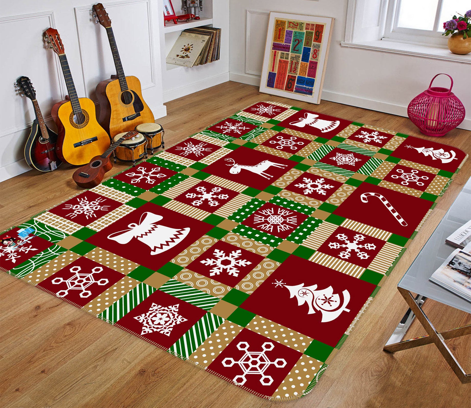 3D Snowflake Tree Red Square 55019 Christmas Non Slip Rug Mat Xmas
