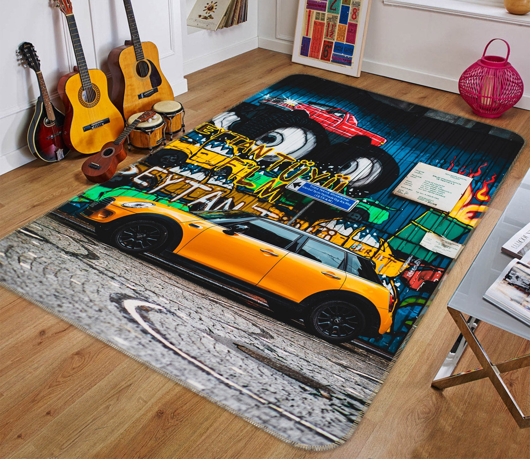 3D Graffiti Yellow Car 68133 Vehicle Non Slip Rug Mat
