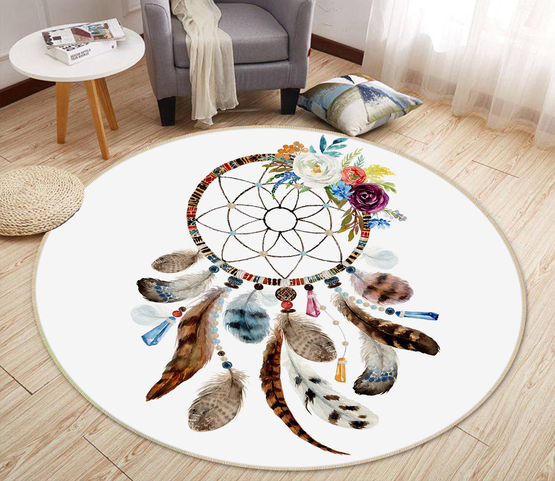 3D Dream Catcher Feather 29071 Round Non Slip Rug Mat