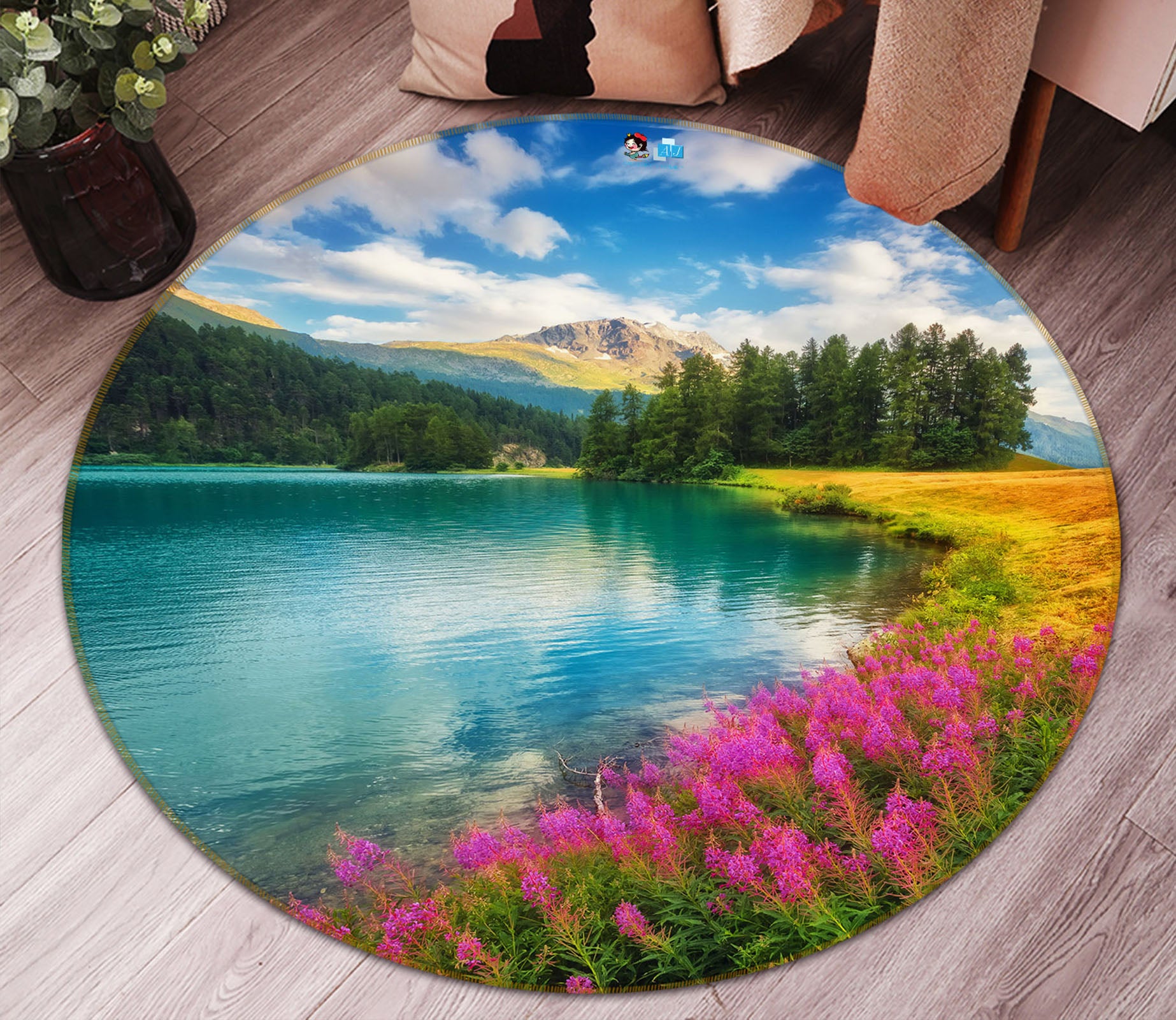 3D Riverside Flower Bush 69063 Round Non Slip Rug Mat