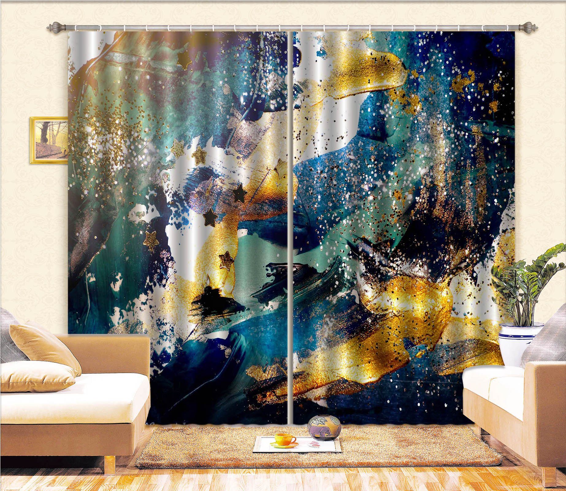 3D Blue Gold Abstract 63 Curtains Drapes Curtains AJ Creativity Home 