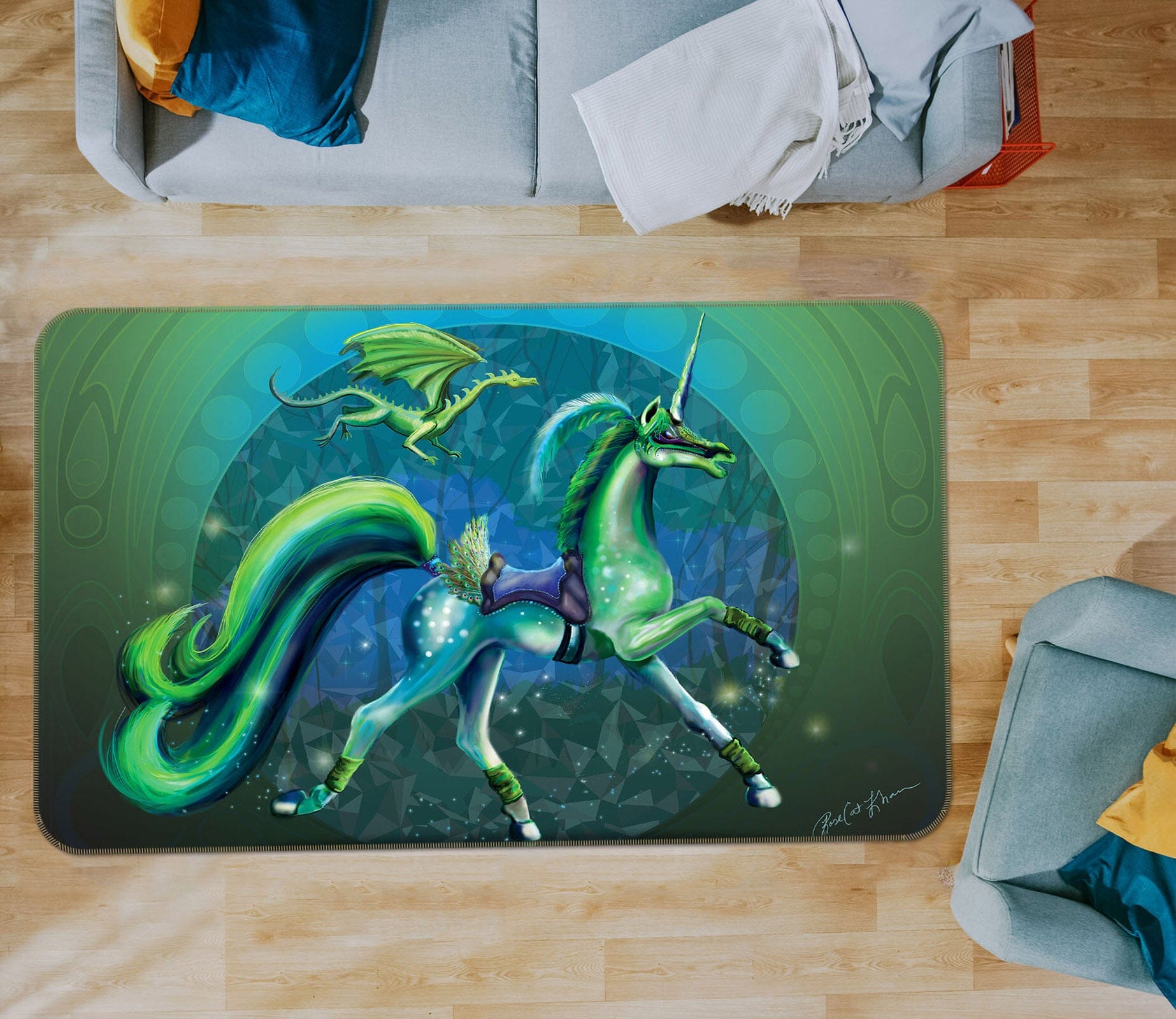 3D Green Unicorn 3020 Rose Catherine Khan Rug Non Slip Rug Mat Mat AJ Creativity Home 