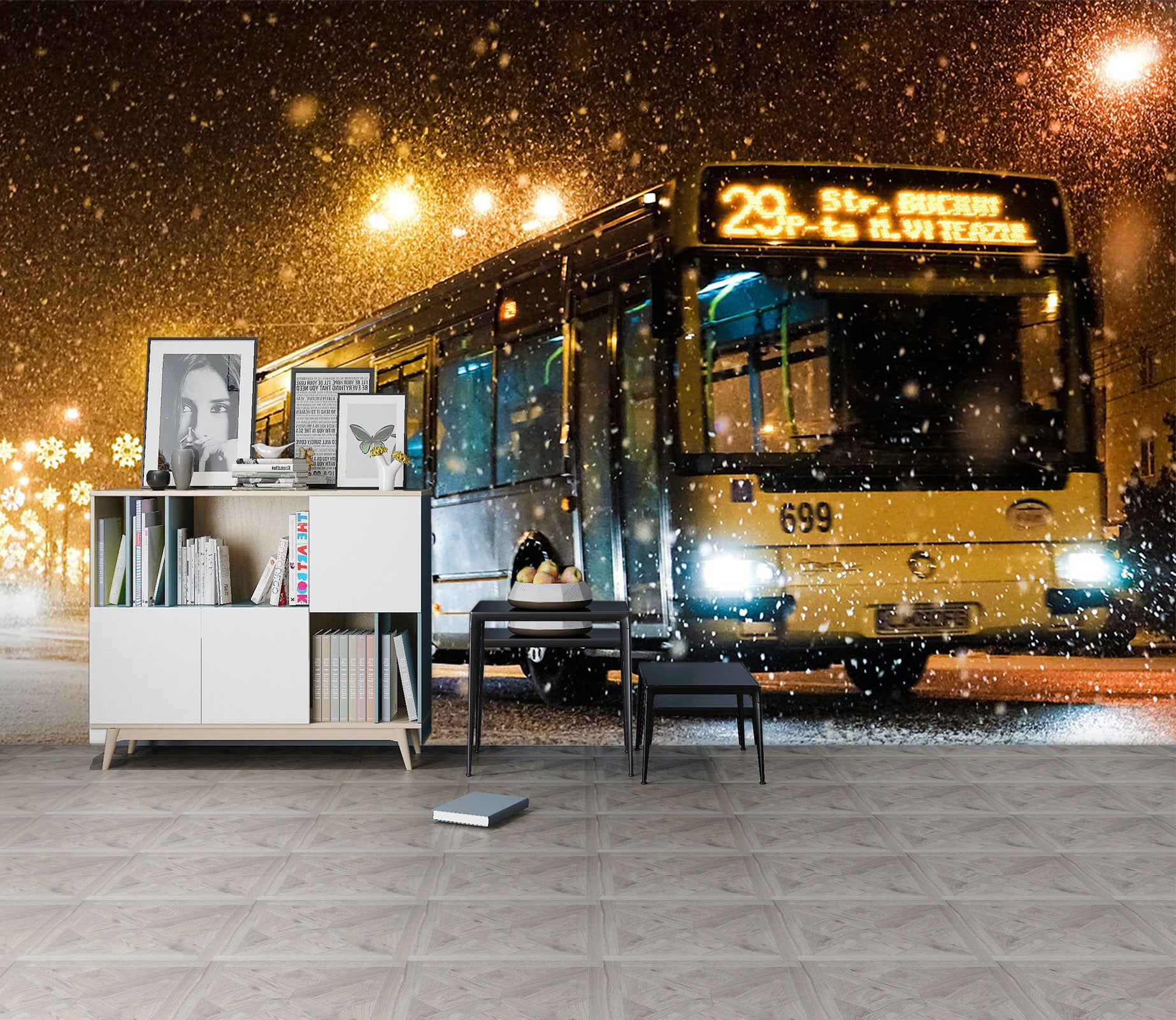 3D Night Snow Bus 057 Vehicle Wall Murals