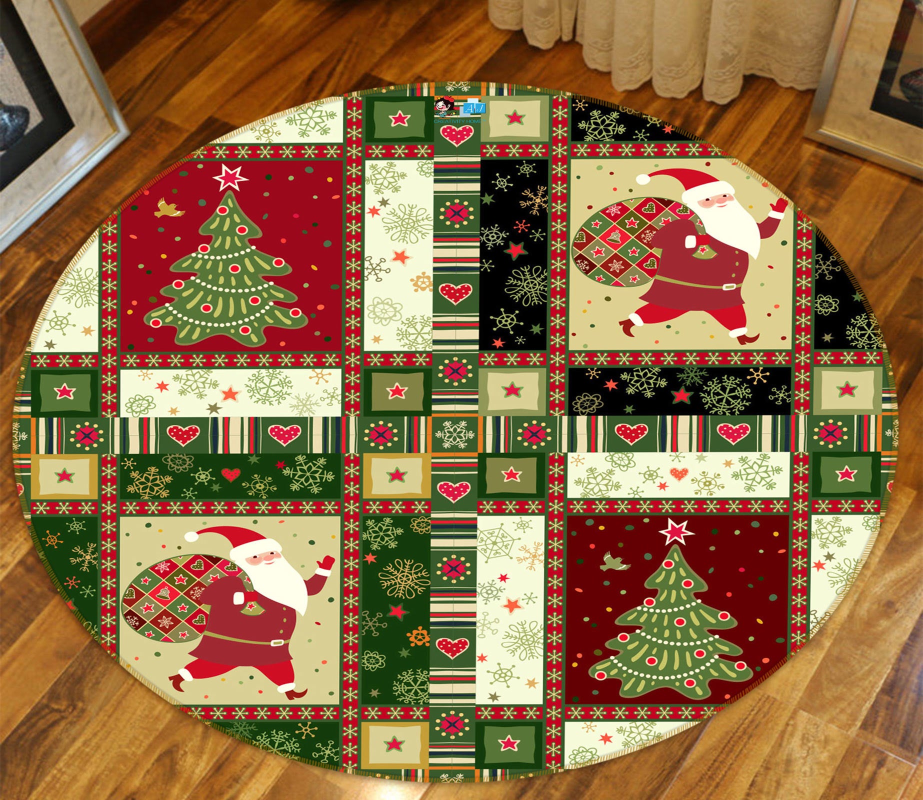 3D Tree Santa 54047 Christmas Round Non Slip Rug Mat Xmas