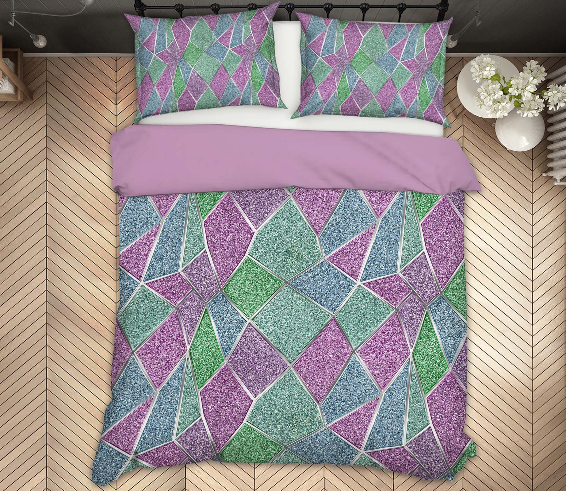 3D Purple Green Stitching 14081 Bed Pillowcases Quilt