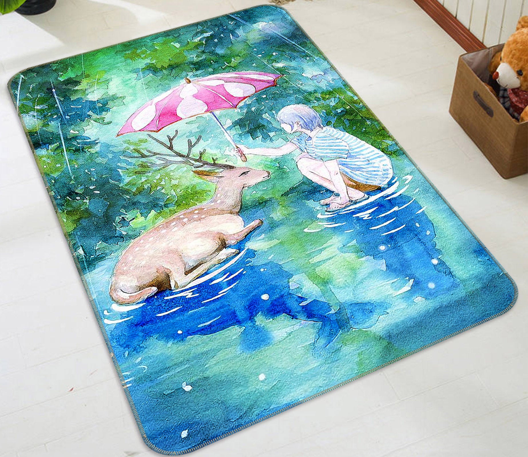 3D Deer Girl Umbrella 65032 Non Slip Rug Mat