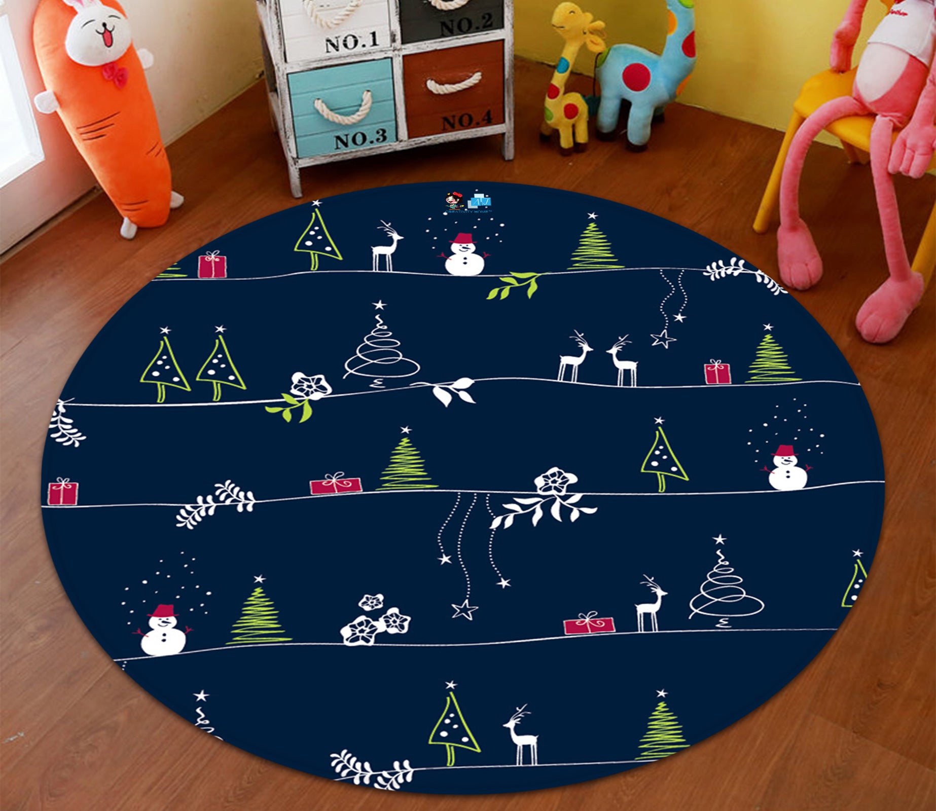 3D Tree Pattern 66009 Christmas Round Non Slip Rug Mat Xmas