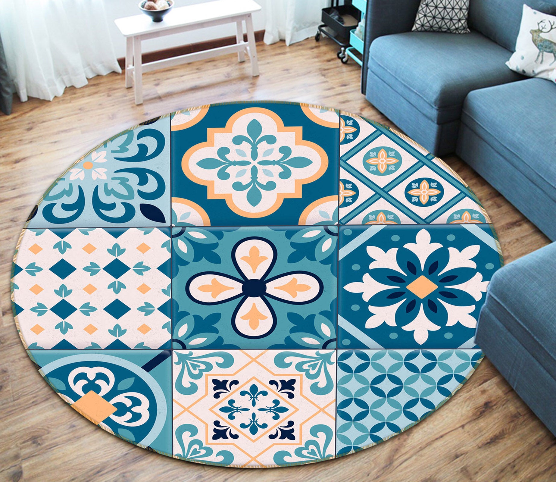 3D Blue Block Pattern 75048 Round Non Slip Rug Mat
