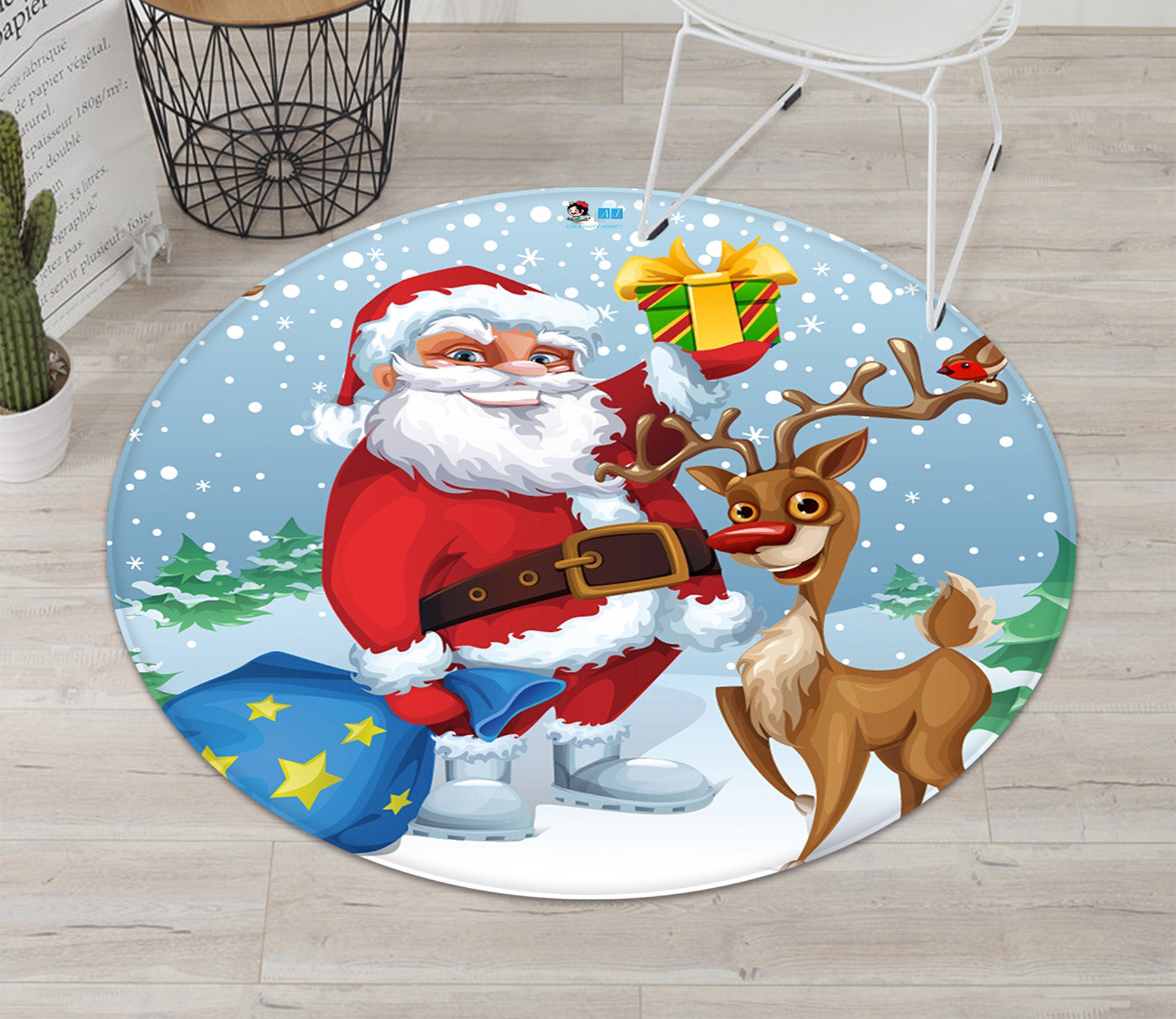 3D Santa Deer 66036 Christmas Round Non Slip Rug Mat Xmas