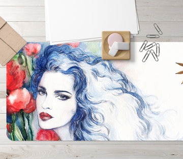 3D Blue Curly Hair Female 17154 Desk Mat