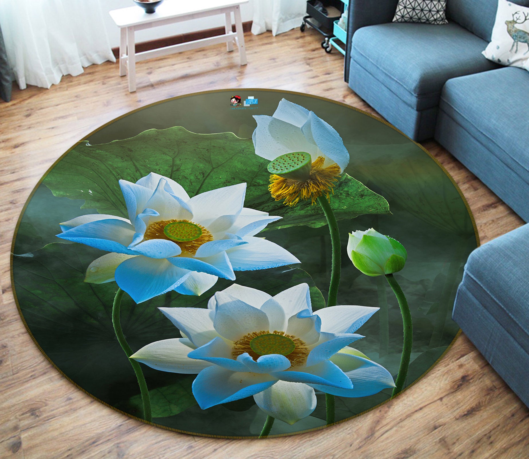 3D White Lotus 71172 Round Non Slip Rug Mat