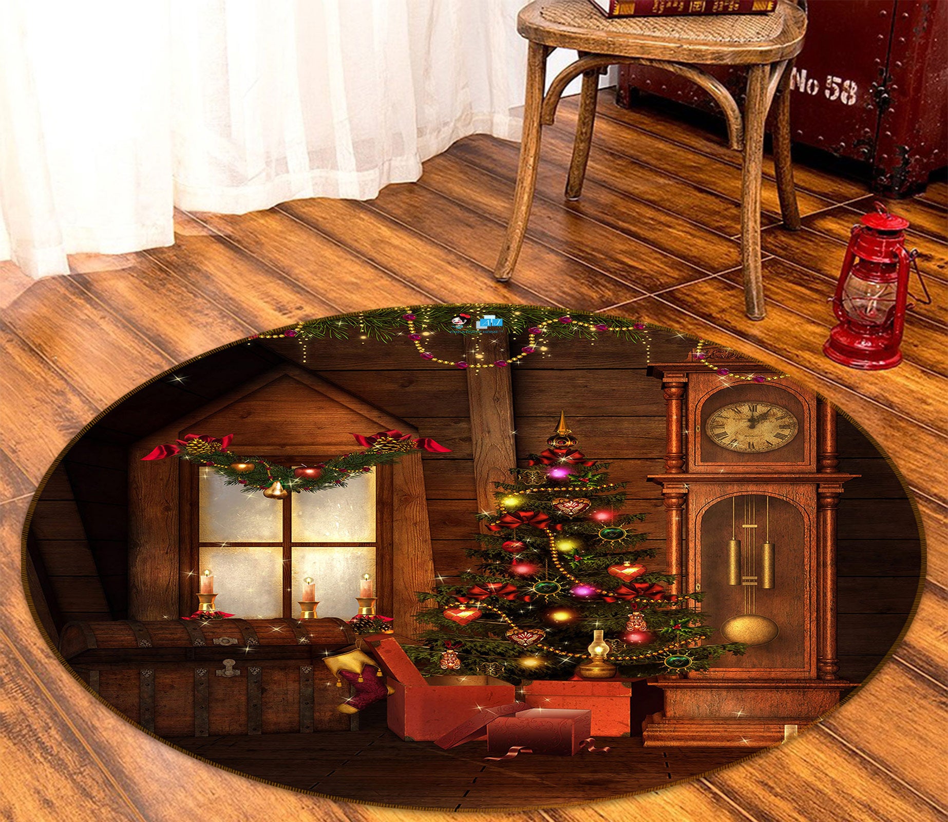 3D Tree Clock Window 54002 Christmas Round Non Slip Rug Mat Xmas
