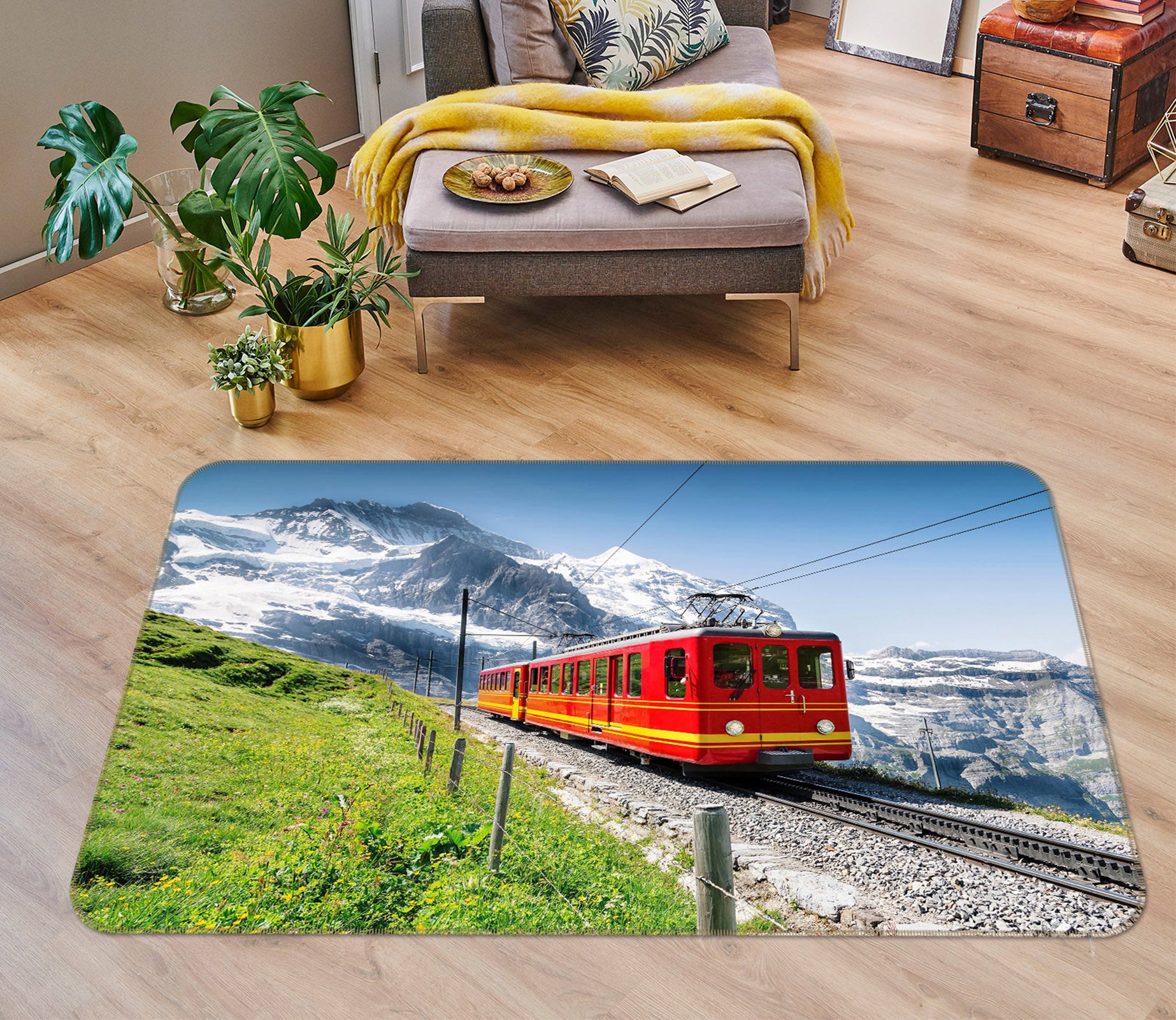 3D Snow Mountain Grassland Red Train 68110 Vehicle Non Slip Rug Mat